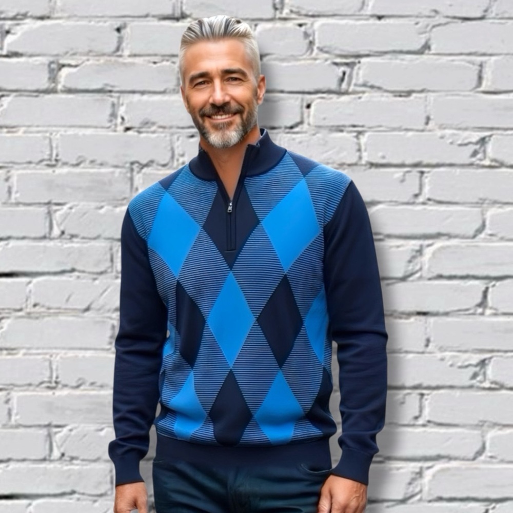 Carnoustie Merino Wool Argyle 1/4 Zip Sweater Men’s Large Blue Golf Pullover